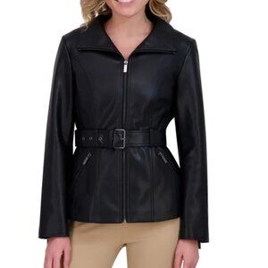 NWT! Women's Kenneth Cole Belted Faux Leather Jacket - Black, S, M, L